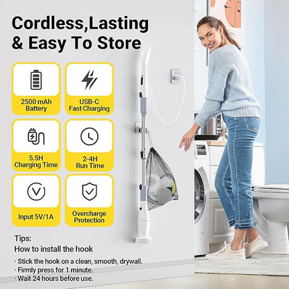 Electric Spin Scrubber, Cordless Cleaning Brush Shower Scrubber Up to 550 RPM with 9 Replaceable Brush Heads, Bathroom Scrubber Adjustable Extension Handle for Cleaning Bathroom Kitchen(Grey)