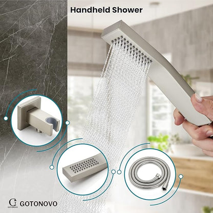 gotonovo Shower System with Tub Spout Wall Mounted Rain Shower Head and Handle Combo Shower Faucet Set with Valve, 10 Inch, Brushed Nickel