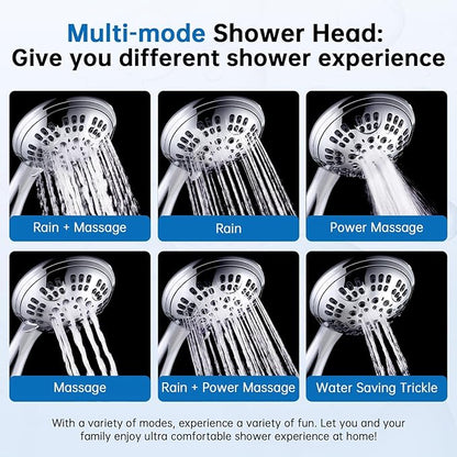 G-Promise High Pressure Shower Head 6 Spray Setting with Adjustable Solid Brass Shower Arm Mount and Extra Long Flexible Stainless Steel Hose (Chrome)