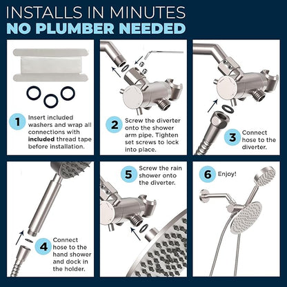 HammerHead Showers® Solid Metal Dual Shower Head Combo – BRUSHED NICKEL – 8 Inch Rainfall High Flow Shower Head & Handheld Shower Head High Pressure with Hose 6ft - Hotel-Like Double Shower Heads