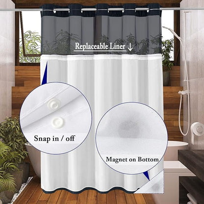 Gibelle No Hook Waffle Weave Shower Curtain with Snap-in Fabric Liner Set for Bathroom, Hotel Style with Mesh Top Window, Waterproof & Washable, Navy Blue, 72x74