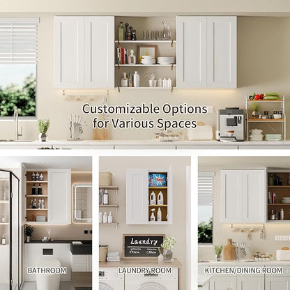 Solid Wood Kitchen Wall Cabinets, 24 Inch Wide Over The Toilet Storage Cabinet, Bathroom Organizer Cabinets with 2 Shaker Door & 3 Shelves, Easy Assembly for Dining Room, Laundry - White