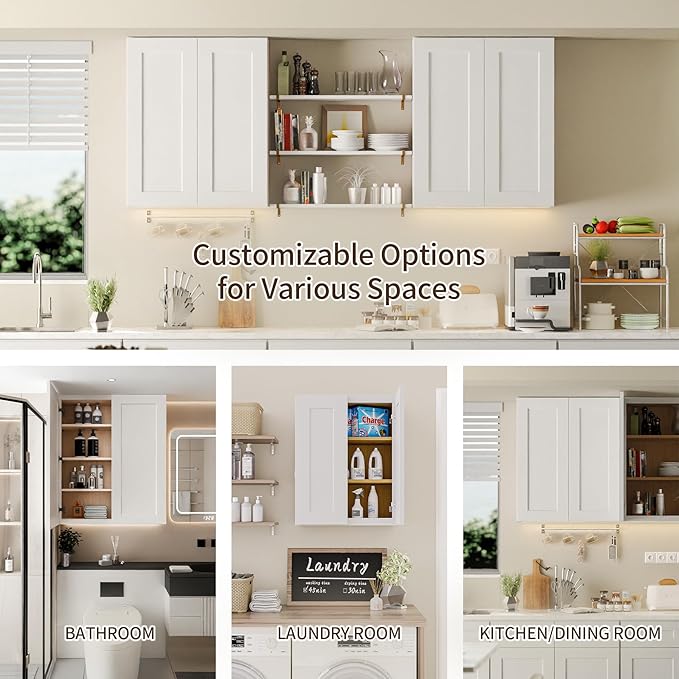 27 Inch Laundry Room Cabinets Wall Mounted, Solid Wood Over The Toilet Storage Cabinet, Bathroom Organizer Cabinets with 2 Shaker Door & 3 Shelves, Easy to Assemble for Kitchen, Garage - White