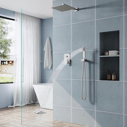 WELLFOR 12-In Wall Mounted Rain Shower Faucet with Single Handle and Handheld Spray, Waterfall Dual Head Shower Head System with 2-way Diverter, Pressure-balanced Valve Included, Brushed Nickel