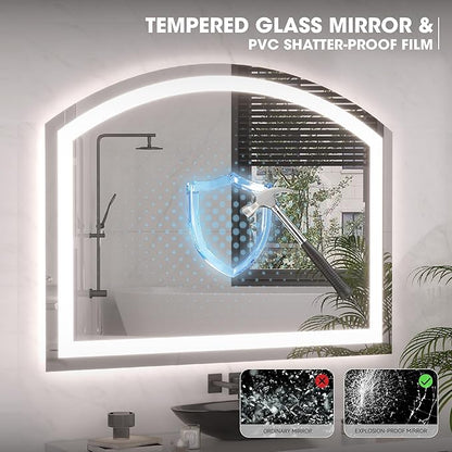 Hasipu 84" x 40" Arch LED Bathroom Mirror, Frontlit Wall-Mounted Vanity Mirror with Lights, Defogging, Smart Touch, Dimmable 3 Color Modes, Safety Shatterproof Glass Coating