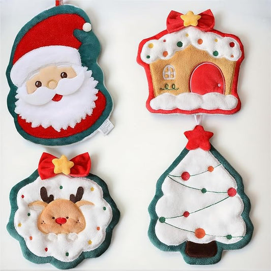 Cesqouc® 4pcs New Cute Style Hangable Hand Towels with Christmas Patterns:Christmas House,Santa Claus,Christmas Tree,Christmas Elk Patterns for Bathroom/Kitchen/Living Room/Children's