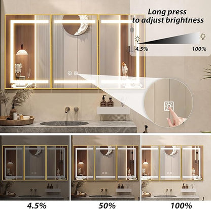 APRILSOUL 60X32 Inch Gold Bathroom Medicine Cabinet with Mirror, Recessed or Surface Lighted Medicine Cabinet with 3 Colors Temperature, Dimmable Light
