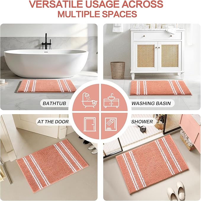 Kmson Bathroom Rugs Mat, 17"x24" Ultra Soft Washable Shaggy Chenille Bath Rugs, Non-Slip Fluffy Thick Water Absorbent Microfiber Mat for Bathtub, Sink and Shower, Pink