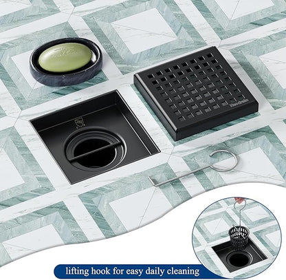 Neodrain 4 Inch Square Shower Drain with Removable Quadrato Pattern Grate, Matte Black 304 Stainless Steel Square Drain, with Watermark&CUPC Certified, Hair Strainer