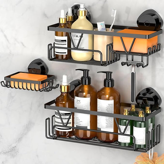 KEGII Shower Caddy Suction Cup – Removable Suction Bathroom Organizers Shelf with Soap Holder, Razor Holder & Hooks, Rustproof Shower Storage for Renters, No Drilling Black Bathroom Storage Basket