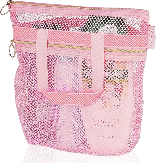 Mesh Shower Bag 10.2x9.9'' Quick-Dry Caddy with Zipper & 2 Pockets. Portable Toiletry Tote for Bathroom, Gym, Travel, Camp, Beach, for Sunscreen, Dorm & College Essentials (Pink)