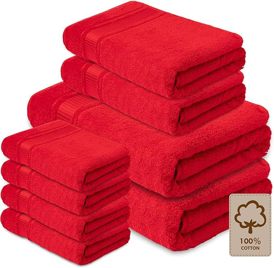 Melissa Linen, 8 Piece Towel Set, 2 Bath Towel 2 Hand Towel 4 Fingertip Red Towels, 100% Turkish Cotton Towels for Bathroom and Kitchen, Absorbent, Quick Dry, Durable and Soft Shower Towel