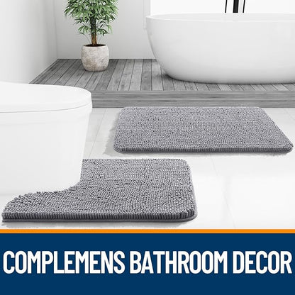 OLANLY Bathroom Rugs Sets 2 Piece, Soft Absorbent Chenille Bath Mats and U-Shaped Contour Toilet Mat Area Rug Set, Machine Washable Bath Carpet, Home Decor Accessories(24"x16"+24"x20", Grey)