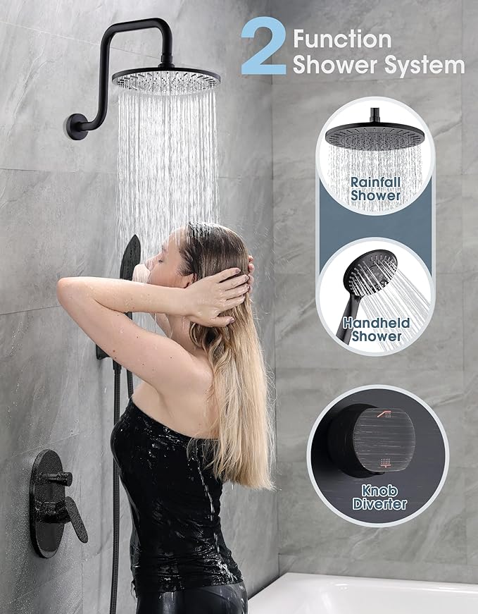 BRIGHT SHOWERS Shower Faucet Set, Shower System with Shower Valve Trim Kit, Double Handle Shower Fixture Rainfall Shower Head and 9-Setting Handheld Spray Combo, Valve Included, Oil-Rubbed Bronze