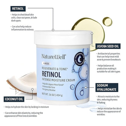 NATURE WELL Clinical Retinol Advanced Moisture Cream for Face, Body, & Hands, Boosts Skin Firmness, Enhances Skin Tone, No Greasy Residue, 10 Oz (Packaging May Vary)