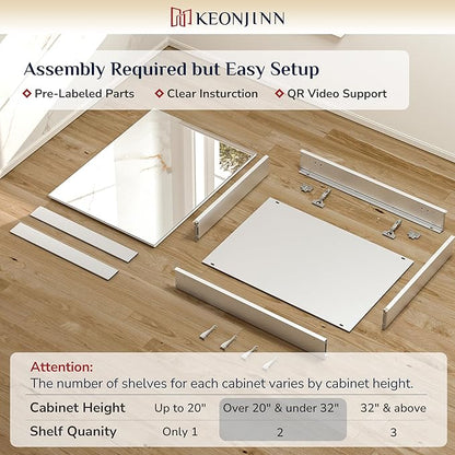 Keonjinn 40 x 26 Inch Medicine Cabinet, Assembly Required, Silver Bathroom Medicine Cabinets Mirror, Lightweight, Adjustable Shelves, Surface Mount or Recessed, Tempered Glass