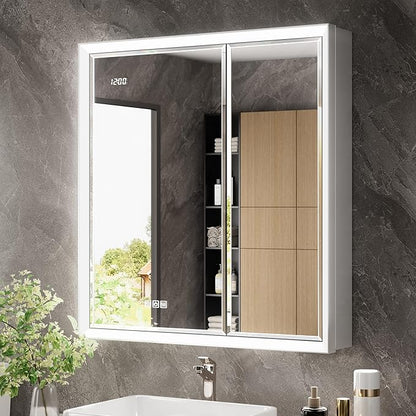 30x32 Beveled Lighted Medicine Cabinet with Mirror & Lights, Surface or Recessed Mirrored Medicine Cabinet with Outlet & Clock, Anti-Fog Dimmable LED Storage Cabinet, Built-in Sensor Light