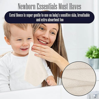 16 Pack Baby Washcloths - Luxury Coral Fleece - Extra Absorbent and Soft Wash Clothes for Newborns, Infants and Toddlers - Suitable for Sensitive Skin and New Born - Baby Shower - Cream, 10x10 Inch