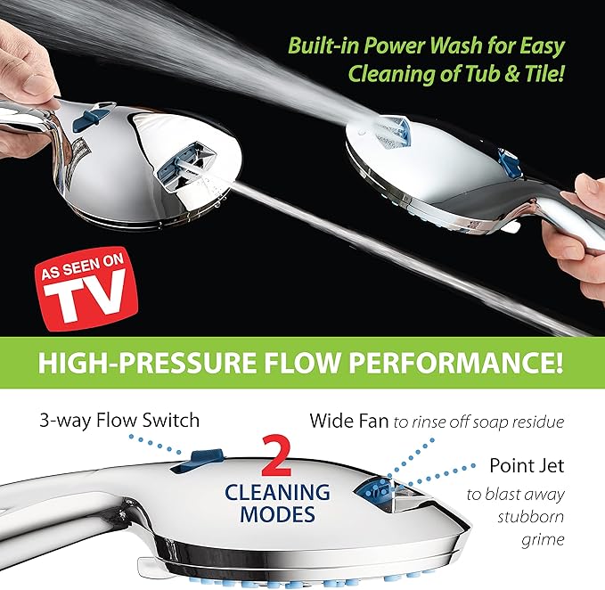 Hotel Spa AquaCare As-Seen-On-TV High Pressure Handheld & Rain 50-mode 3-way Shower Head Combo with Anti-clog Jets, 2-mode Tub & Pet Power Wash, Extra Wall Bracket, 6 ft. Hose, All Chrome Finish