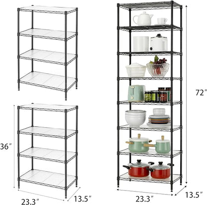 Finnhomy 8-Tier Wire Shelving Unit Adjustable Steel Wire Rack Shelving 8 Shelves Steel Storage Rack or Two 4-Tier Shelving Units with PE mat, Leveling Feet and Safety Device, NSF Certified, Black