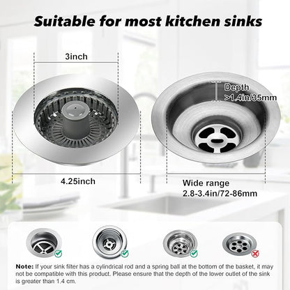 Elegant Brass Kitchen Sink Stopper with 3-in-1 Function - Easy-Clean Bounce core Strainer, Perfect for Standard Sink Drain, Durable Kitchen Sink Drain Strainer（Silver）