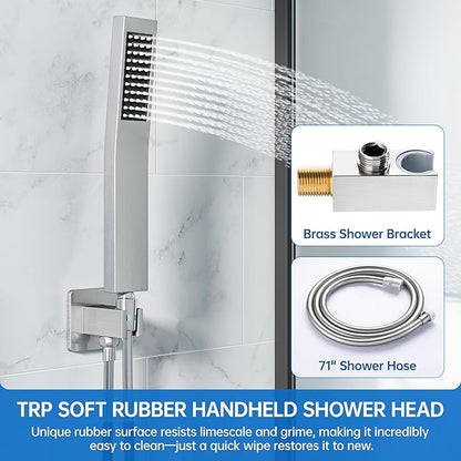 12 Inch Luxury Rain Shower Faucet Set, Brushed Nickel Shower System with Rainfall Shower Head and Handheld Spray, SUS304 Stainless Steel and Solid Brass Wall Mounted Shower Valve Trim Kit