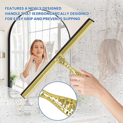 All-Purpose Silicone Shower Squeegee for Shower Glass Door,with 1 Hooks,for Bathroom Glass, Car, Tile Wall, Mirror Cleaning - Flower Shaped Handle for Easy-Grip 14 Inch Golden