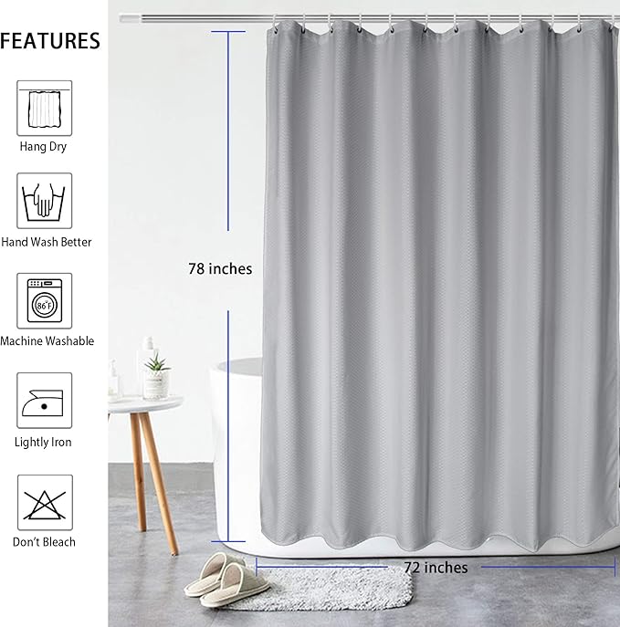 AooHome Waffle Weave Fabric Shower Curtain for Bathroom, 72"x78" Extra Long Bath Curtain with Weighted Hem, Heavy Duty, Water Repellent, 72 Width by 78 Height Inch, Grey