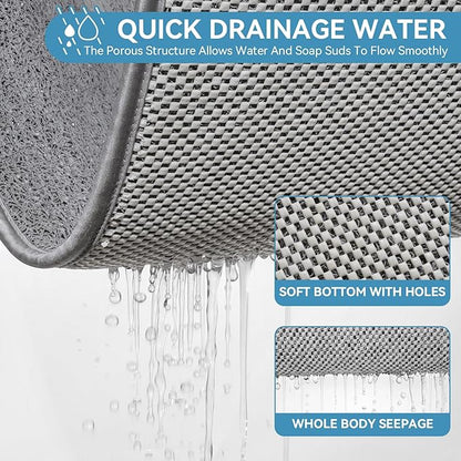 Non Slip Shower Mat Bathtub Mat 16x24 Inch, Quick Dry Bath Mat with Drain, Soft PVC Imitation Loofah Foot Scrubber Bath Mats for Bathroom Tub Shower Floor, Hangable & Hook Included, Gray