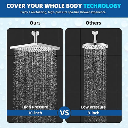 Hibbent Thickness Metal Rain Shower Head, 10 Inch High Pressure Rainfall Shower Head, Square Large Bathroom Waterfall Shower Heads, High Flow Fixed Showerheads with Adjustable Brass Ball Joint, Chrome