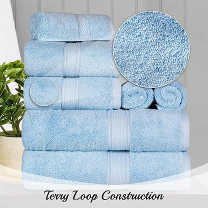 BLUENILEMILLS Madison Egyptian Cotton Towels, Towel Set for Bathroom, Shower, Hotel, Plush, 800 GSM, Highly Absorbent and Ultra-Soft Towels, Bath Essentials, 8 Piece Assorted Towel Set, Light Blue