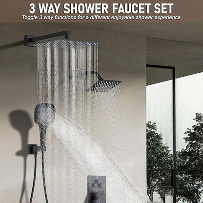 Shower Faucet Set Matte Black Shower System, Push Button Diverter 3-Way Shower Valve Kit, Wall Mount 12 Inch Overhead Shower Head with 6 Inch Side Spray Shower Head, 4 Modes Flow Handheld Shower