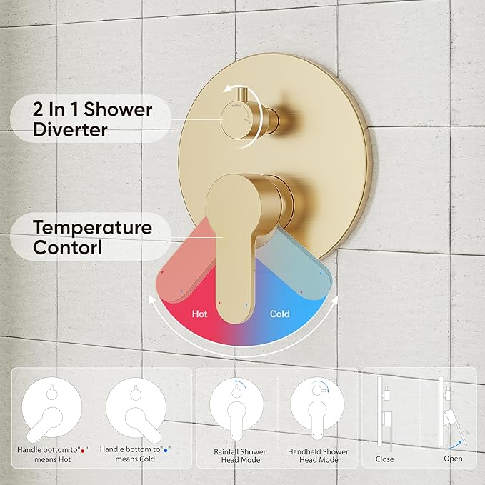 Gabrylly Gold Shower Head System, Shower Faucet Set with Pressure Balance Shower Valve, 12 Inch Shower Heads with 5-Setting handheld Spray Combo Pressure Shower Fixtures Kit, Brushed Gold