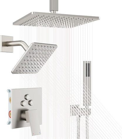 Nickel Shower System, Brushed Nickel Shower Faucet Set, 10'' Ceiling Shower Head, 6'' Wall Mounted Shower Head, 3 In 1 Push Button Shower Valve Kit, Waterfall ShowerHead with Handheld, Brushed Nickel