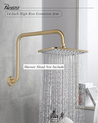 PHASAT S Shaped Shower Arm, High Rise Shower Arm with Flange, Brushed Gold