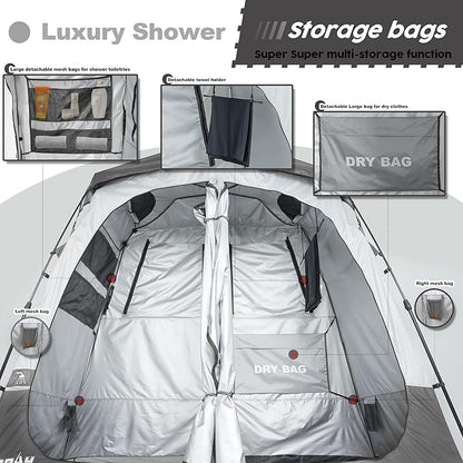 Camping Shower Tent Deluxe Changing Room Easy Set Up Privacy Shelter,Large Toilet Tent with Floor Drain Design for Beach, Camping,Hiking with Stakes and Ropes for Stability