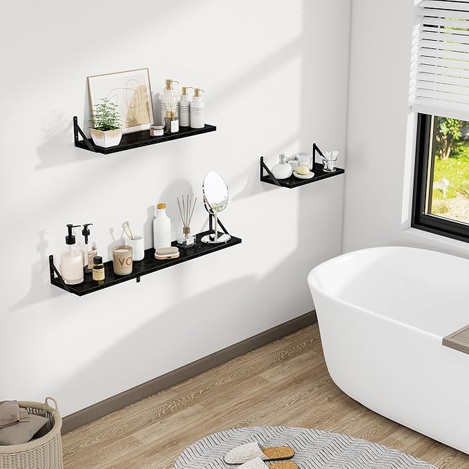 Dreamland Black Floating Shelf 36 inch, 36W x 8D Wall Mounted Shelves Set of 2, Wide Display Ledge Shelf with Sturdy Metal Brackets for Living Room, Bathroom, Bedroom and Kitchen