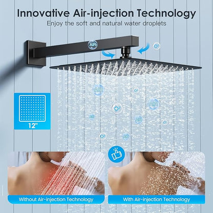 Shower System Shower Faucet Set with Push-Button Diverter and Wall Supply Elbow 12 Inch Shower Head Matte Black
