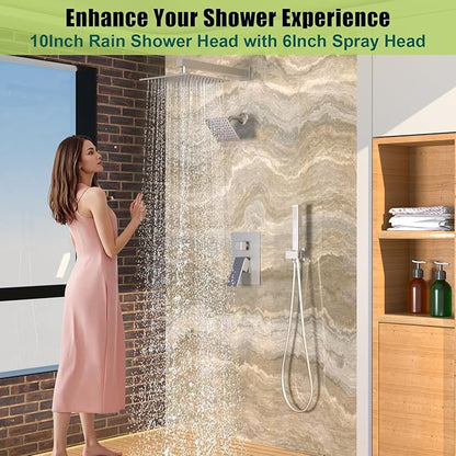 ENGA Shower Faucet Set, Dual Head Shower System 10" & 6" Square Rain Shower Heads with 2 in 1 Handheld Spray, 3 Way Water Diverter, Brushed Nickel