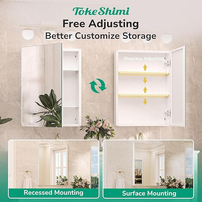 TokeShimi 36x24 Medicine Cabinet Mirror with Storage Tempered, Aluminum Surface Mount or Recessed Medicine Cabinet White with Adjustable Shelves for Bathroom Wall Cabinet Farmhouse
