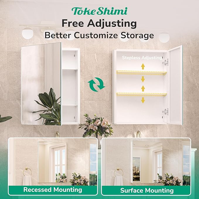 TokeShimi 60x32 Bathroom Medicine Cabinet with Mirror Tempered, Aluminum White Mirrored Medicine Cabinet Recessed or Surface Mount with Adjustable Storage Metal for Modern Farmhouse