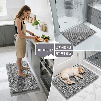 Yimobra Long Bathroom Rugs Non Slip Washable 44x24 Inch - Ultra Soft Absorbent Chenille Bath Mat, Quick Dry Shaggy Floor Carpet for Tub Shower, Gray Home Decor Accessories