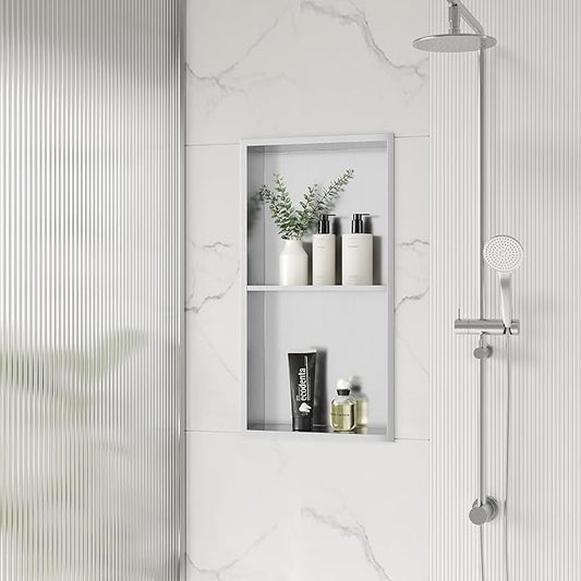 Stainless Steel Shower Niche 24" X 12", No Tile Needed Wall Niche Double Shelves, Recessed Niche Shower for Bathroom Storage, Brushed Nickel