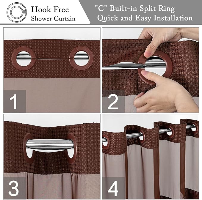Gibelle Stall Small Shower Curtain 36x74, Waffle Weave Shower Curtain with Snap-in Fabric Liner Set, No Hooks Needed, Hotel Style with Mesh Top Window, Brown