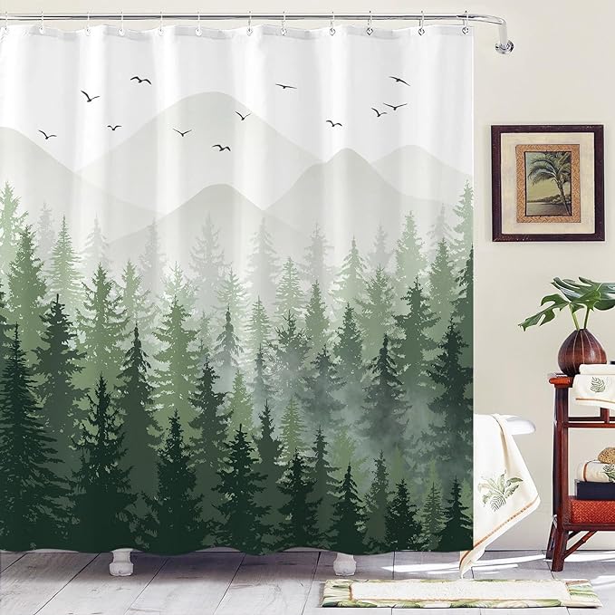 Aipon Green Misty Forest Shower Curtain Ombre Nature Tree Plants Shower Curtains Fabric Waterproof Mountain Shower Curtain Sets for Bathroom Bath Decor with 12 Hooks (Green, 72'' × 84'')