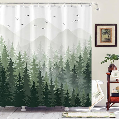 Aipon Green Misty Forest Shower Curtain Ombre Nature Tree Plants Shower Curtains Fabric Waterproof Mountain Shower Curtain Sets for Bathroom Bath Decor with 12 Hooks (Green, 72'' × 78'')