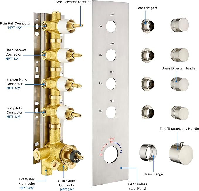 Brass Brushed-Nickel 4-Way Thermostatic Shower Diverter Valve - 4 Function Mixer with Individual On/Off Flow Control for Shower Arm & Kit