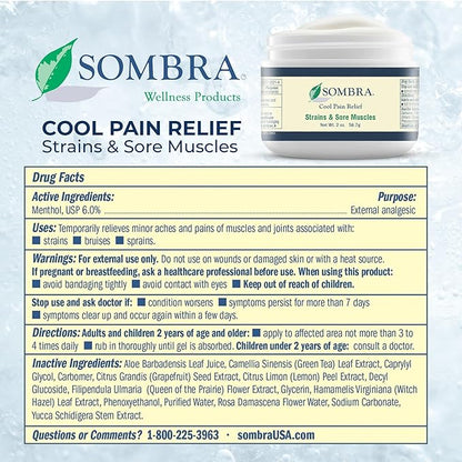 Sombra Cool Pain Relief Gel Cold Pain Relief for Swelling, Growing Pains, Soreness, Post-Workout, Vegan Formula Free of Artificial Fragrances, Dyes, NSAID, Wax, Petroleum, Alcohol - 2oz Jar (2 Pack)