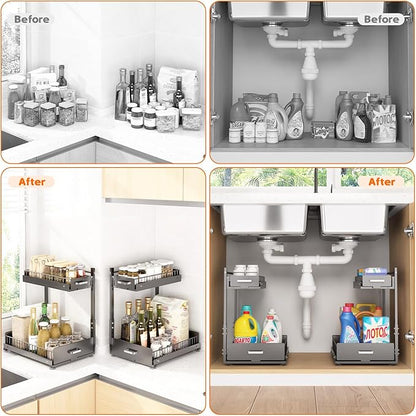 Under Sink Organizer,2 Tier Slide Out Kitchen Cabinet Organizers with Pulley,Under Bathroom Sink Pull Out Organizer with Multiple Height Adjustments for Kitchen and Bathroom Cabinets (Gray)