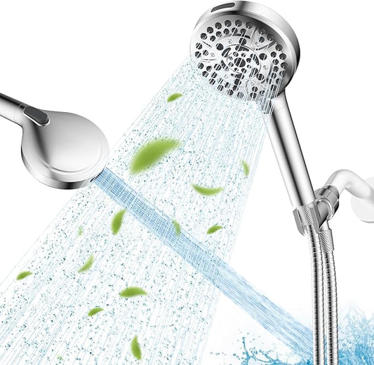 Hibbent cUPC Certified High Pressure 10-mode Shower Head, Handheld Showerhead with Adjustable Brass Joint Holder, 71" Metal Hose, Anti-clog Nozzles, Built-in Power Wash to Clean Tub & Pets, Chrome